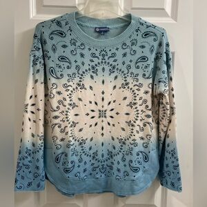 Democracy Women's S Light Blue Black Paisley Knit Long Sleeve Pullover Sweater